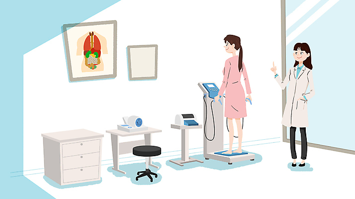 전신 PSD 여자 일러스트 병원 서기 성인 두명 환자 의사 잡기 서랍장 주머니손 혈압계 건강검진 체중측정 성인여자만 체성분분석기 국내일러스트 가구 의학 의료기기 모션 사람 의료진 측정 검사_조사 혈압 여자만 성인만 파일형식