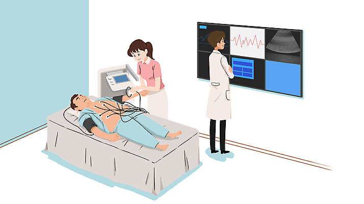 전신 PSD 여자 남자 일러스트 의료기기 병원 서기 들기 상반신 성인 세명 눕기 환자 간호사 의사 검사_조사 건강검진 병원침대 심전도 심전도모니터 성인만 국내일러스트 의학 모션 사람 의료진 침대 파일형식