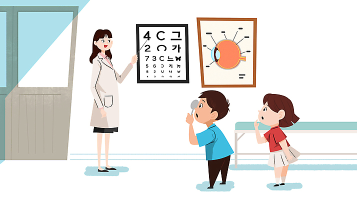 전신 PSD 여자 남자 어린이 일러스트 병원 들기 소녀 소년 성인 세명 눈가림 지시봉 안과 시력검사 건강검진 눈가리개 시력검사표 안과의사 국내일러스트 의학 모션 사람 의사 가림 검사_조사 파일형식