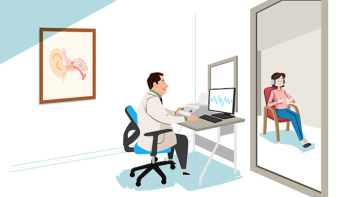 전신 PSD 여자 남자 의자 일러스트 들기 앉기 성인 두명 모니터 환자 의사 귀 건강검진 이비인후과 청력검사 성인만 국내일러스트 가구 의학 모션 병원 사람 신체부위 컴퓨터 의료진 검사_조사 파일형식