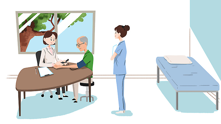 전신 PSD 나무 여자 할아버지 노년 남자 의자 일러스트 창문 병원 서기 앉기 성인 세명 환자 간호사 의사 책상 혈압계 건강검진 병원침대 서류판 혈압측정 국내일러스트 식물 가구 의학 의료기기 모션 사람 사무용품 의료진 침대 측정 검사_조사 혈압 파일형식