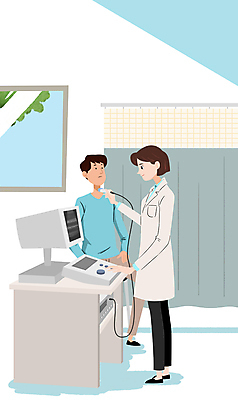 전신 PSD 여자 남자 일러스트 창문 의료기기 병원 서기 들기 앉기 성인 두명 환자 의사 커튼 건강검진 갑상선 초음파 초음파검사 성인만 국내일러스트 신체 의학 모션 사람 의료진 검사_조사 파일형식