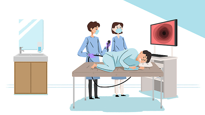 전신 PSD 여자 남자 일러스트 병원 마스크 들기 성인 세명 눕기 모니터 환자 간호사 의사 세면대 검사_조사 건강검진 대장내시경 마취 병원침대 성인만 국내일러스트 의학 모션 사람 컴퓨터 의료진 침대 내시경 파일형식