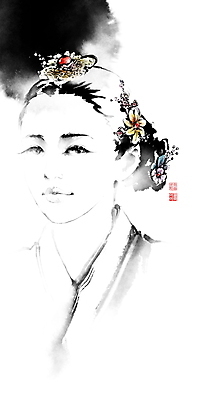 PSD 한국전통 여자 일러스트 장신구 캘리그라피 붓터치 한명 미소 상반신 성인 동양화 번짐 비녀 낙관 성인여자한명만 헤어액세사리 국내일러스트 1 전통 전통소품 한국 표정 미술 사람 장식 여자한명만 성인여자만 파일형식 효과