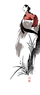 PSD 한국전통 여자 일러스트 캘리그라피 붓터치 한명 서기 상반신 성인 눈감음 난초 한복 동양화 번짐 낙관 사군자 성인여자한명만 국내일러스트 식물 1 전통 모션 한국 미술 사람 전통의상 여자한명만 성인여자만 파일형식 효과