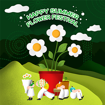 전신 구름 여자 남자 꽃 화분 꽃다발 의자 일러스트 들기 앉기 여러명 성인 타이포그라피 초록색 여름 걷기 꽃축제 성인만 여름축제 국내일러스트 AI파일 자연요소 식물 문자 계절 컬러 가구 다수 모션 사람 축제 파일형식 벡터 여름_계절