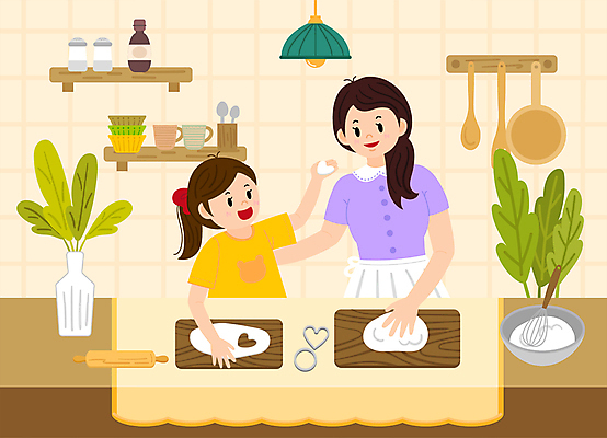 그릇 여자 딸 화분 어린이 일러스트 가족 모녀 엄마 주방용품 조명 선반 요리 들기 소녀 상반신 성인 두명 주방 화목 가족라이프 반죽 홈베이킹 거품기 밀대 나무도마 베이지색 여자만 국내일러스트 AI파일 라이프스타일 식기 컬러 가구 생활용품 컨셉 관계 모션 도마 사람 목재 제빵 파일형식 벡터