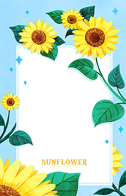 PSD 하늘색 백그라운드 잎 일러스트 해바라기 수채화 프레임 사람없음 프레임일러스트 카피스페이스 국내일러스트 식물 꽃 파란색 공백 파일형식