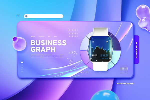 PSD 편집이미지 백그라운드 비즈니스 프레임 타이포그라피 사람없음 보라색 원그래프 검색창 입체도형 스마트워치 이미지편집 도형 문자 컬러 그래프 스마트기기 입체 웨어러블 파일형식