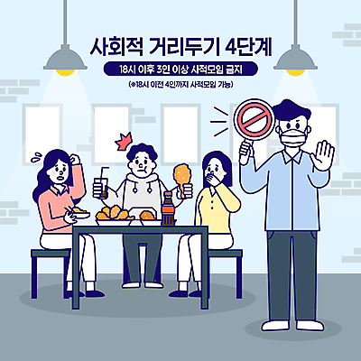 전신 여자 남자 하늘색 의자 일러스트 식탁 조명 마스크 서기 들기 앉기 여러명 성인 타이포그라피 식당 치킨 놀람 팻말 금지 먹기 콜라 성인만 코로나바이러스 사회적거리두기 노마스크 델타변이바이러스 4단계 영업시간 국내일러스트 AI파일 문자 감정 캠페인 가구 다수 모션 탁자 프레임 표정 사람 파란색 상점 시간 바이러스 사회이슈 탄산음료 닭고기요리 파일형식 벡터