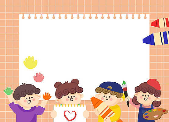 여자 남자 종이 어린이 일러스트 프레임 손바닥 미술 들기 소녀 소년 여러명 상반신 주황색 붓 팔레트 스케치북 크레파스 미술교육 손바닥찍기 온라인강의 프레임일러스트 어린이만 국내일러스트 AI파일 손 교육 컬러 다수 모션 문화예술 학용품 사람 강의 파일형식 벡터 언택트