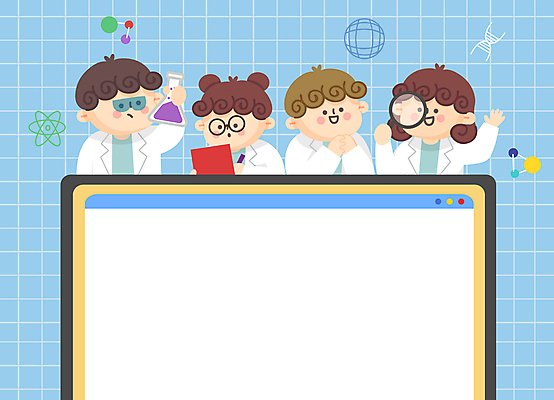 여자 남자 어린이 과학 하늘색 일러스트 돋보기 프레임 실험 들기 소녀 소년 여러명 상반신 모니터 기록 실험복 삼각플라스크 과학교육 온라인강의 프레임일러스트 어린이만 안경낌 국내일러스트 AI파일 교육 안경 다수 모션 사람 파란색 컴퓨터 가운 강의 플라스크 파일형식 벡터 언택트