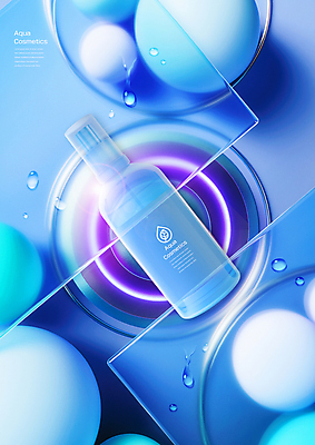 PSD 편집이미지 유리 사람없음 파란색 빛 3D 화장품 물방울 원형 디지털합성 스킨케어 반투명 아쿠아 입체도형 편집3D 도형 컬러 재질 뷰티 입체 파일형식