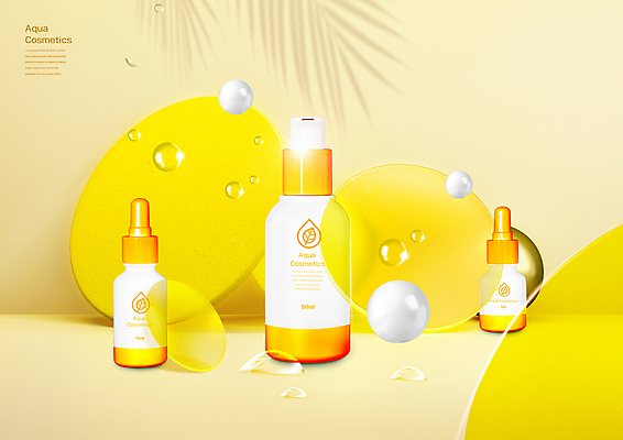 PSD 편집이미지 유리 사람없음 노란색 3D 화장품 물방울 원형 디지털합성 스킨케어 아쿠아 앰플 입체도형 편집3D 도형 컬러 재질 뷰티 입체 파일형식