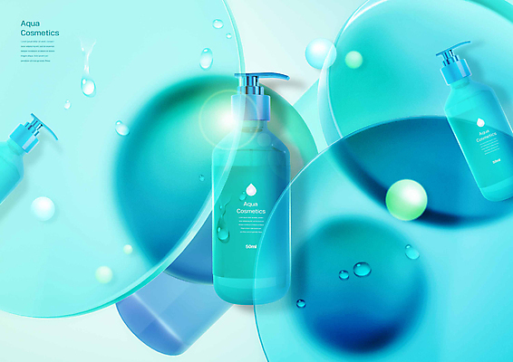 PSD 편집이미지 유리 사람없음 파란색 빛 3D 화장품 물방울 원형 디지털합성 스킨케어 반투명 아쿠아 입체도형 편집3D 도형 컬러 재질 뷰티 입체 파일형식