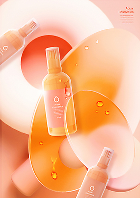 PSD 편집이미지 유리 사람없음 3D 주황색 화장품 물방울 원형 디지털합성 스킨케어 아쿠아 입체도형 편집3D 도형 컬러 재질 뷰티 입체 파일형식