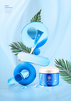 PSD 편집이미지 하늘색 유리 사람없음 3D 쌓기 화장품 물방울 고리 디지털합성 스킨케어 야자수잎 아쿠아 입체도형 편집3D 도형 잎 모션 재질 파란색 뷰티 입체 파일형식