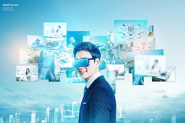 PSD 서양인 편집이미지 손 여자 남자 40대 중년 정보기술 빌딩 여러명 상반신 20대 성인 건물 신체부위 파란색 스크린 한국인 도시 뒤돌아보기 웨어러블 스마트안경 4차산업 이미지편집 외국인 건축물 산업 안경 컬러 다수 모션 기술 사람 동양인 청년 파일형식