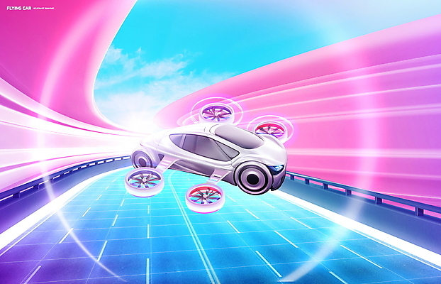 PSD 편집이미지 도로 분홍색 하늘 사람없음 파란색 공간 과학기술 비행 속도 4차산업 자율주행 플라잉카 모빌리티 이미지편집 산업 길 교통수단 컬러 교통시설 자동차 기술 운전 파일형식