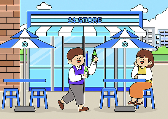 전신 PSD 구름 커플 여자 남자 의자 일러스트 탁자 맥주 서기 들기 앉기 성인 두명 파란색 파라솔 24시간 야외테이블 편의점 성인만 국내일러스트 자연요소 컬러 가구 관계 모션 주류 사람 상점 시간 파일형식