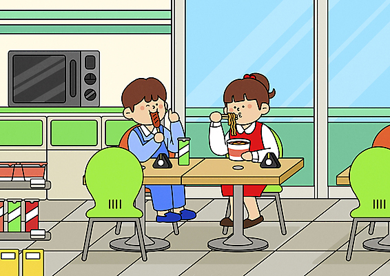 전신 PSD 여자 남자 어린이 의자 일러스트 탁자 들기 앉기 소녀 소년 두명 과자 식당 전자레인지 먹기 핫도그 삼각김밥 컵라면 편의점 어린이만 국내일러스트 음식 가구 모션 디저트 패스트푸드 사람 상점 가전제품 라면 레인지 김밥 파일형식