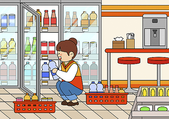 전신 PSD 여자 음료 일러스트 한명 들기 앉기 성인 바구니 전시 업무 캔 진열장 정리 냉장고 페트병 웅크림 아르바이트 정수기 편의점 성인여자한명만 국내일러스트 1 모션 사람 상점 가전제품 작업 병_담는 여자한명만 성인여자만 파일형식