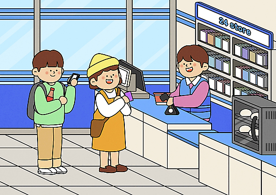 전신 PSD 여자 남자 일러스트 담배 서기 들기 상반신 성인 세명 스마트폰 신용카드 계산 계산대 고객 직원 진열장 아르바이트 24시간 삼각김밥 편의점 호빵 성인만 국내일러스트 빵 모션 사람 금융 핸드폰 스마트기기 상점 시간 김밥 파일형식