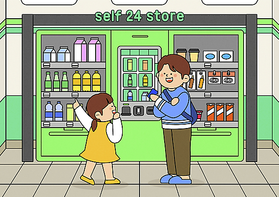 전신 PSD 여자 남자 음료 어린이 일러스트 서기 들기 소녀 성인 두명 연두색 가리킴 신용카드 아빠 24시간 자판기 편의점 부녀 무인매장 국내일러스트 딸 가족 모션 사람 손짓 초록색 금융 상점 시간 파일형식