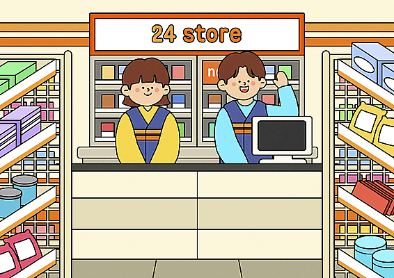 PSD 여자 남자 일러스트 담배 상반신 성인 두명 과자 모니터 인사 계산대 진열장 손인사 아르바이트 24시간 베이지색 편의점 성인만 국내일러스트 컬러 디저트 사람 컴퓨터 상점 예절 시간 파일형식