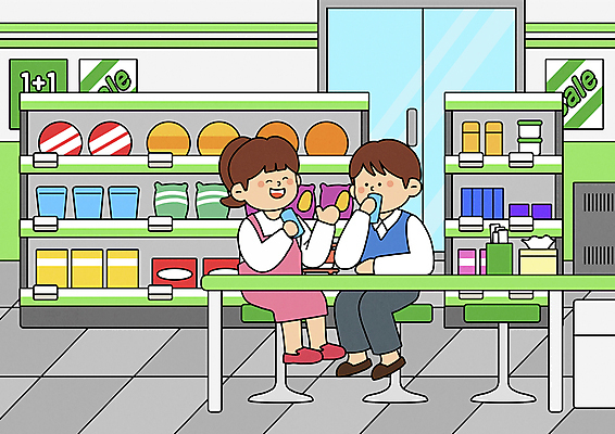 전신 PSD 여자 남자 음료 어린이 의자 일러스트 탁자 앉기 소녀 소년 두명 연두색 과자 마시기 진열장 수다 컵라면 편의점 어린이만 국내일러스트 가구 모션 디저트 대화 사람 초록색 상점 라면 파일형식