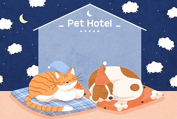 동물 문자 잡화 컬러 다수 컨셉 포유류 관계 호텔 반려동물 고양이 달 감각 개 신조어 파일형식 벡터 반려견 반려묘 초승달 모자 여러마리 양 남색 방석 펫팸족 애완호텔 휴식 잠 포근함 강아지 일러스트 AI파일 사람없음 가족 타이포그라피 반려 국내일러스트