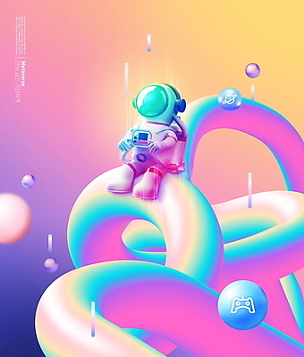 PSD 편집이미지 한명 사람 컬러풀 행성 우주비행사 원형 게임기 웨이브 우주복 그라데이션 디지털산업 가상공간 입체도형 메타버스 이미지편집 도형 1 옷 산업 컬러 우주 디지털 입체 파일형식