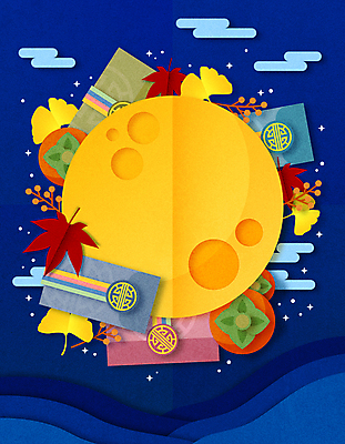 구름 단풍 낙엽 일러스트 감 사람없음 추석 보름달 달 페이퍼아트 남색 은행잎 돈봉투 국내일러스트 AI파일 자연요소 명절 컬러 잎 과일 봉투 파일형식 벡터