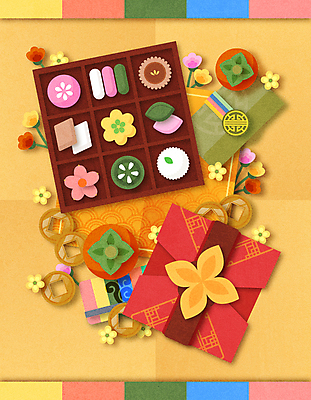 꽃 일러스트 감 사람없음 노란색 추석 보자기 페이퍼아트 엽전 약과 다과 돈봉투 전통다과 추석선물 명절선물 국내일러스트 AI파일 식물 명절 컬러 과일 디저트 봉투 선물 동전 전통음식 파일형식 벡터 천_직물