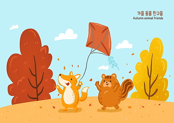 PSD 나무 구름 하늘색 두마리 일러스트 들기 사람없음 가을 연 연날리기 다람쥐 여우 국내일러스트 자연요소 식물 계절 2 포유류 모션 파란색 놀이용품 전통놀이 설치류 파일형식