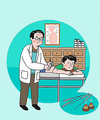 전신 남자 엎드리기 중년 일러스트 서기 상반신 성인 두명 치료 눕기 한의학 환자 잡기 한의원 한의사 침술 뜸 민트색 병원침대 한약장 남자만 국내일러스트 AI파일 컬러 의학 모션 병원 사람 의사 침대 서랍장 파일형식 벡터