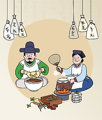 전신 여자 남자 중년 일러스트 매달리기 앉기 성인 두명 한의학 한약재 부채 사발 산삼 한복 한약 조선시대 자루 한의원 한의사 약탕기 끓이기 베이지색 보약 약재상자 약제조 약짜기 의녀 한약첩 국내일러스트 AI파일 한국전통 컬러 의학 모션 주방용품 병원 사람 상자 약 의사 약재 삼 사기그릇 역사 전통의상 짜기 파일형식 벡터