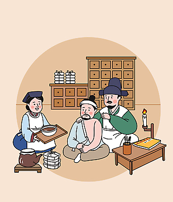 전신 여자 남자 중년 일러스트 쟁반 들기 앉기 성인 치료 세명 갈색 한의학 환자 잡기 한복 한약 고서 조선시대 책상 한의원 한의사 약탕기 침술 보약 의녀 한약장 한약첩 국내일러스트 AI파일 한국전통 컬러 가구 의학 모션 주방용품 유물 병원 사람 책 약 의사 한약재 역사 전통의상 서랍장 파일형식 벡터