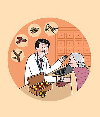 여자 노년 남자 중년 말풍선 일러스트 말하기 상반신 두명 노트북 주황색 한의학 환자 한약재 산삼 대추 한의원 한의사 감초 녹용 맥박측정 진맥 청심환 국내일러스트 AI파일 컬러 의학 모션 병원 사람 성인 전자제품 진료 의사 약재 삼 측정 환 파일형식 벡터