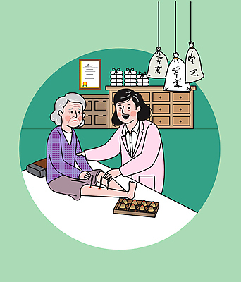 전신 여자 노년 일러스트 매달리기 앉기 상반신 성인 두명 치료 초록색 한의학 환자 상패 자루 한의원 한의사 침술 뜸 병원침대 한약장 한약첩 여자만 국내일러스트 AI파일 컬러 의학 모션 병원 사람 의사 한약재 침대 상_우승 서랍장 파일형식 벡터