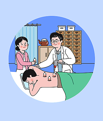 여자 남자 엎드리기 중년 일러스트 들기 상반신 성인 치료 세명 파란색 눕기 한의학 환자 간호사 한의원 한의사 약탕기 병원침대 부항 부항기 부항시술 한약장 국내일러스트 AI파일 컬러 의학 모션 주방용품 병원 사람 의료진 의사 침대 서랍장 파일형식 벡터