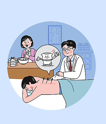 캐릭터 여자 남자 엎드리기 하늘색 일러스트 들기 상반신 성인 치료 세명 한의학 환자 최고 척추 한의원 막자사발 한의사 침술 병원침대 한약첩 성인만 국내일러스트 일러캐릭터 AI파일 의학 모션 뼈 병원 사람 파란색 의사 한약재 침대 사발 파일형식 벡터