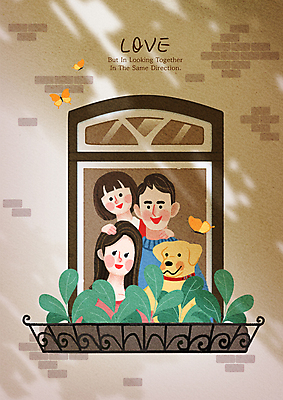 PSD 한마리 여자 남자 딸 행복 화분 반려견 어린이 나비 일러스트 창문 가족 사랑 가족애 미소 소녀 상반신 성인 세명 반려동물 부모 화목 강아지 국내일러스트 동물 1 감정 곤충 컨셉 관계 표정 사람 개 파일형식