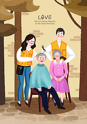 전신 PSD 나무 여자 할아버지 노년 남자 행복 할머니 의자 일러스트 사랑 들기 앉기 여러명 성인 봉사 도움 자원봉사자 이발 머리손질 미용가위 국내일러스트 식물 감정 가구 다수 컨셉 모션 가위_도구 사람 뷰티 미용용품 파일형식