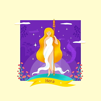 전신 PSD 여자 창 일러스트 한명 서기 들기 성인 노란색 보라색 공작 그리스로마신화 그리스신 여신 헤라 성인여자한명만 국내일러스트 1 무기 컬러 모션 조류 사람 신_종교 신화 여자한명만 성인여자만 파일형식