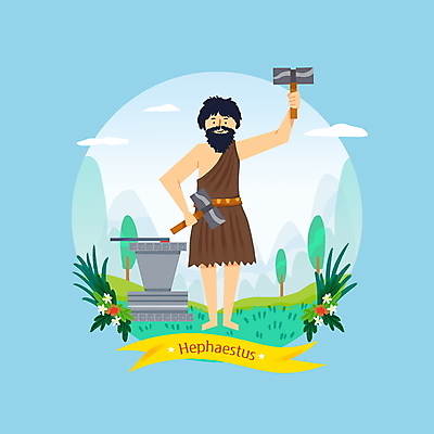 전신 PSD 나무 남자 꽃 하늘색 일러스트 산 수염 한명 서기 들기 성인 풀 망치 그리스로마신화 그리스신 대장장이 모루 헤파이스토스 성인남자한명만 국내일러스트 식물 1 모션 사람 파란색 공구 신_종교 신화 남자한명만 성인남자만 파일형식