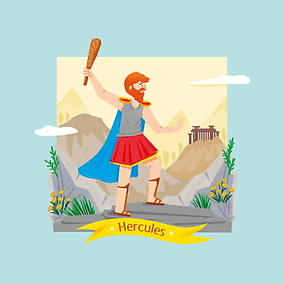 전신 PSD 구름 남자 꽃 하늘색 일러스트 산 수염 신전 한명 서기 들기 성인 노란색 힘 방망이 돌_바위 용기 풀 망토 영웅 그리스로마신화 그리스신 성인남자한명만 국내일러스트 자연요소 식물 1 그릇 컬러 고건축 모션 사람 파란색 신_종교 신화 남자한명만 성인남자만 파일형식