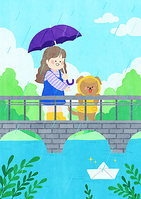 전신 PSD 구름 한마리 여자 어린이 하늘색 일러스트 우산 한명 서기 들기 소녀 강 산책 가리킴 비 강아지 종이배 우비 가교 소녀한명만 국내일러스트 자연요소 1 건축물 옷 모션 날씨 휴식 사람 손짓 파란색 반려동물 개 종이접기 여자한명만 소녀만 파일형식