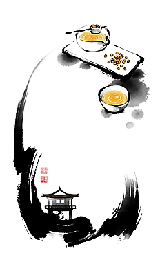 PSD 일러스트 캘리그라피 붓터치 휴식 사람없음 계곡 차 찻잔 다기 동양화 정자 번짐 낙관 차거름망 국내일러스트 건축물 음료 컨셉 잔 미술 다도 파일형식 효과