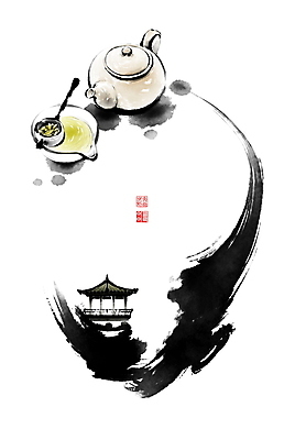 PSD 일러스트 캘리그라피 붓터치 휴식 사람없음 계곡 차 찻잔 다기 찻주전자 동양화 정자 번짐 낙관 차거름망 국내일러스트 건축물 음료 컨셉 주전자 잔 미술 다도 파일형식 효과